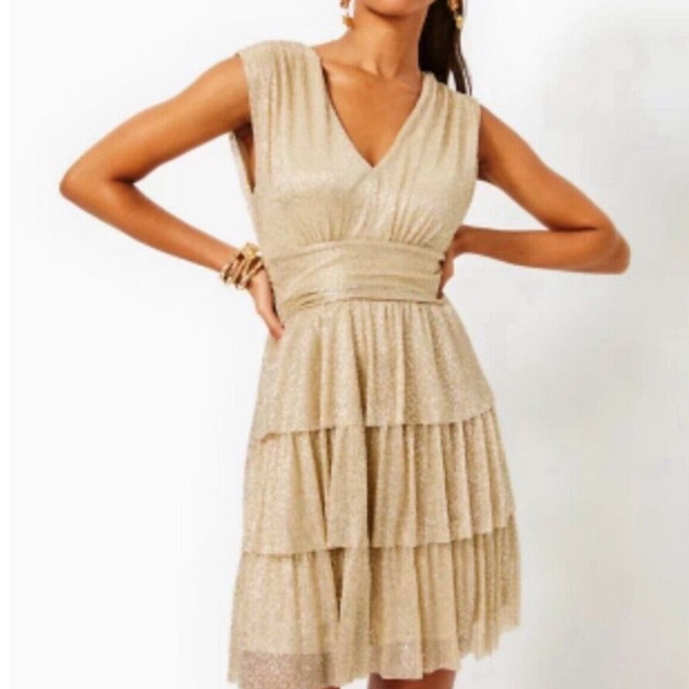 Lilly Pulitzer Faye Dress Gold Ruffle Mini - Size Medium